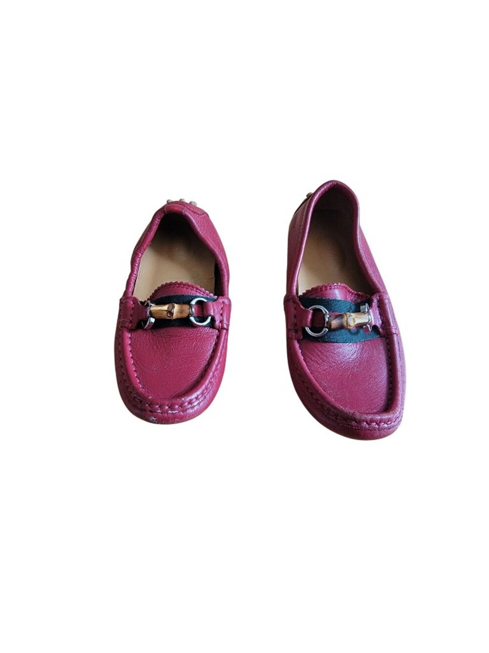 Gucci Kids Boys Bamboo Web Scarlet Red Leather Driving Moccasins EU L 25 R 26